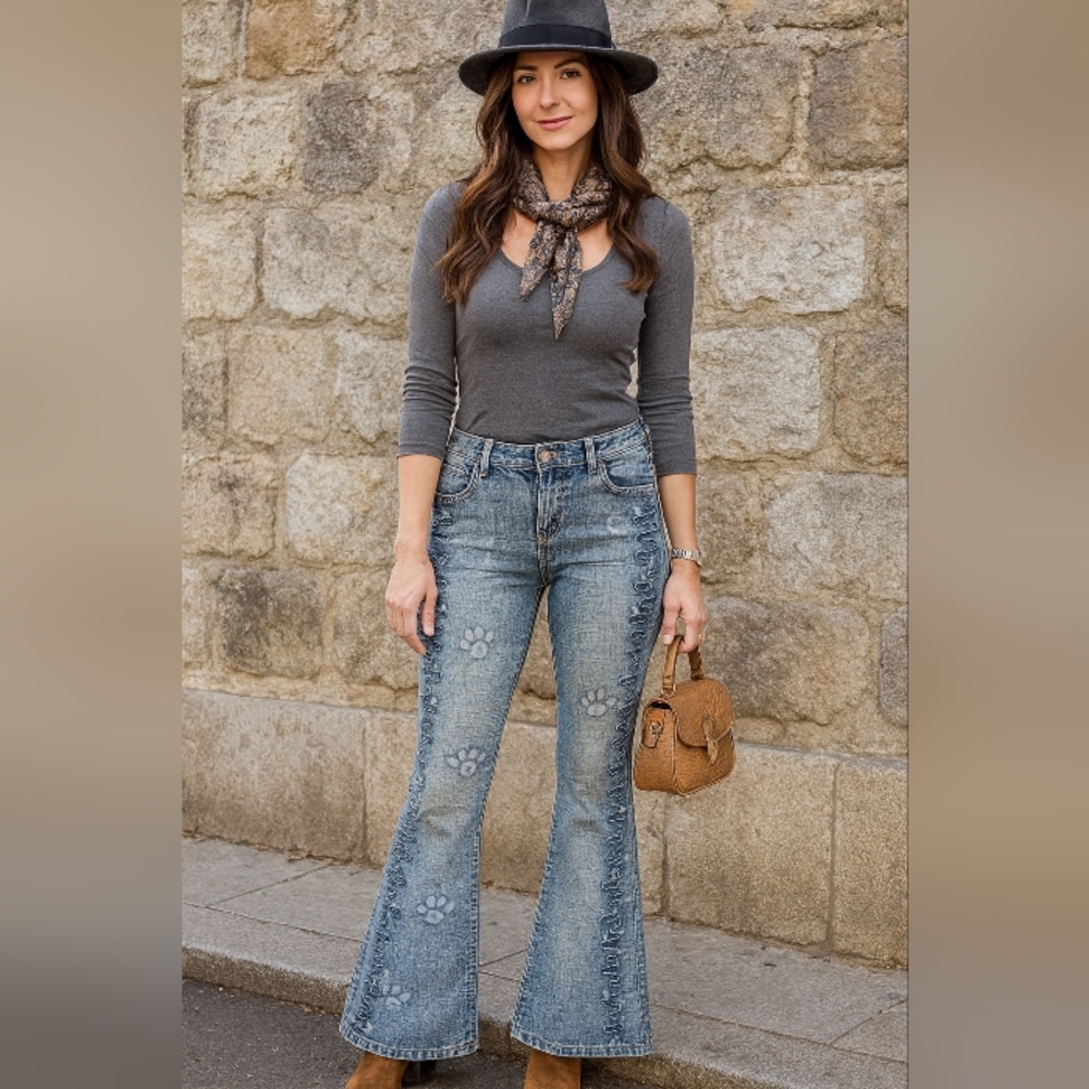 ⭐️ Adorable PAW Print Stylish Blue Flared Women Jeans Sz 31